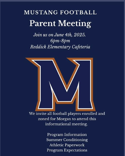 blue flyer about the football meeting being held at Reddick Elementary on 6/4 at 6pm
